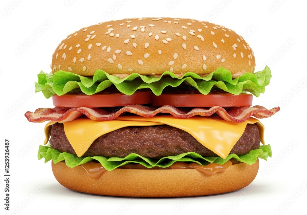 A juicy cheeseburger with lettuce, tomato slices, bacon, melted cheese, and a toasted bun isolated on white background A juicy cheeseburger with lettuce, tomato slices, bacon, melted cheese, and a toasted bun isolated on white background