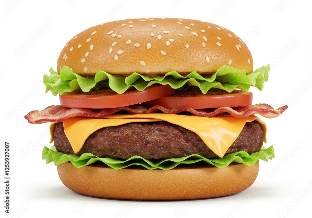 A juicy cheeseburger with lettuce, tomato slices, bacon, melted cheese, and a toasted bun isolated on white background A juicy cheeseburger with lettuce, tomato slices, bacon, melted cheese, and a toasted bun isolated on white background