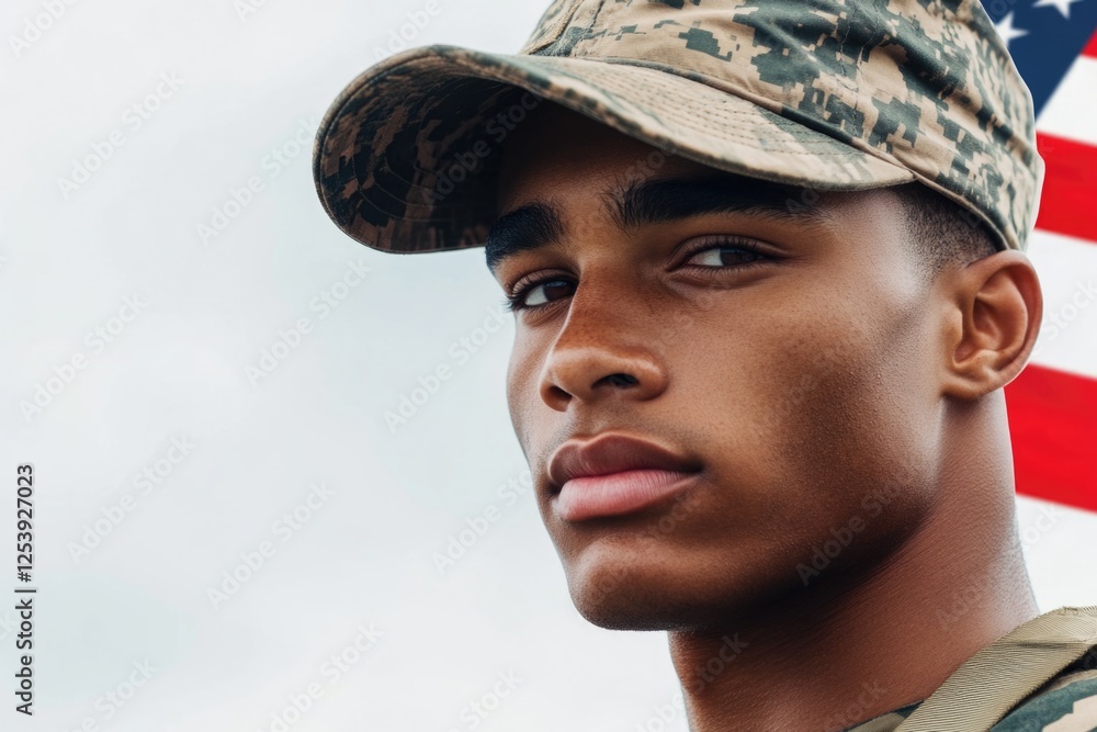 A man in a military uniform standing in front of the American flag, ideal for patriotic and national pride themed images A man in a military uniform standing in front of the American flag, ideal for patriotic and national pride themed images