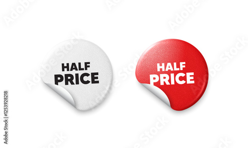 Half price sticker tags. Glitter paper price badge. Half Price tag. Special offer Sale sign. Advertising Discounts symbol. Offer round sticker. Promo banner. Vector