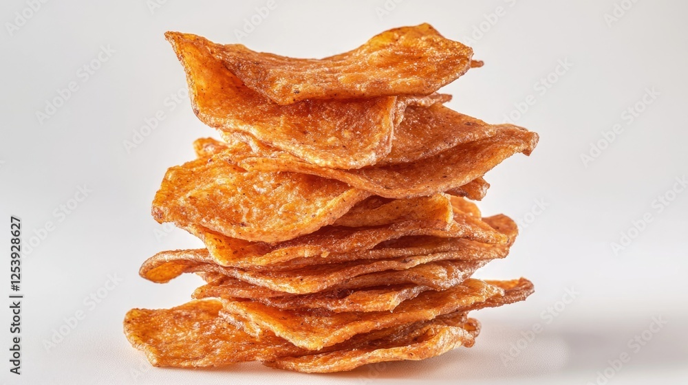 Stack of crispy fried foods arranged on a clean white surface, perfect for photography or graphic design projects Stack of crispy fried foods arranged on a clean white surface, perfect for photography or graphic design projects