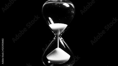 A close-up view of an old-fashioned hourglass in black and white