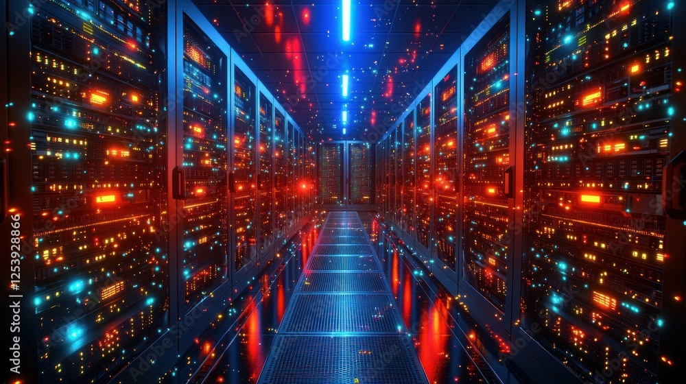 Fototapeta premium Server room data center corridor, glowing lights, network infrastructure