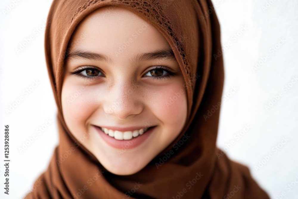 A young girl with a brown hijab and modest clothing, possibly for religious or cultural reasons A young girl with a brown hijab and modest clothing, possibly for religious or cultural reasons