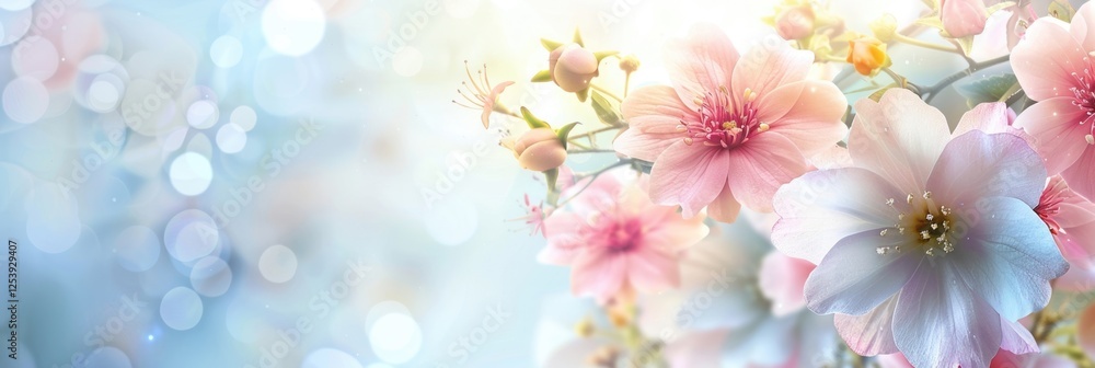 horizontal banner, light blue wedding background, mother's day, international women's day, delicate white cherry blossoms, spring coming, bokeh effect, copy space, free space for text horizontal banner, light blue wedding background, mother's day, international women's day, delicate white cherry blossoms, spring coming, bokeh effect, copy space, free space for text