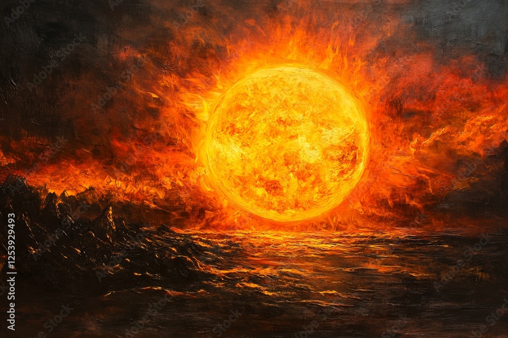 Fiery sun rises over a burning landscape Fiery sun rises over a burning landscape