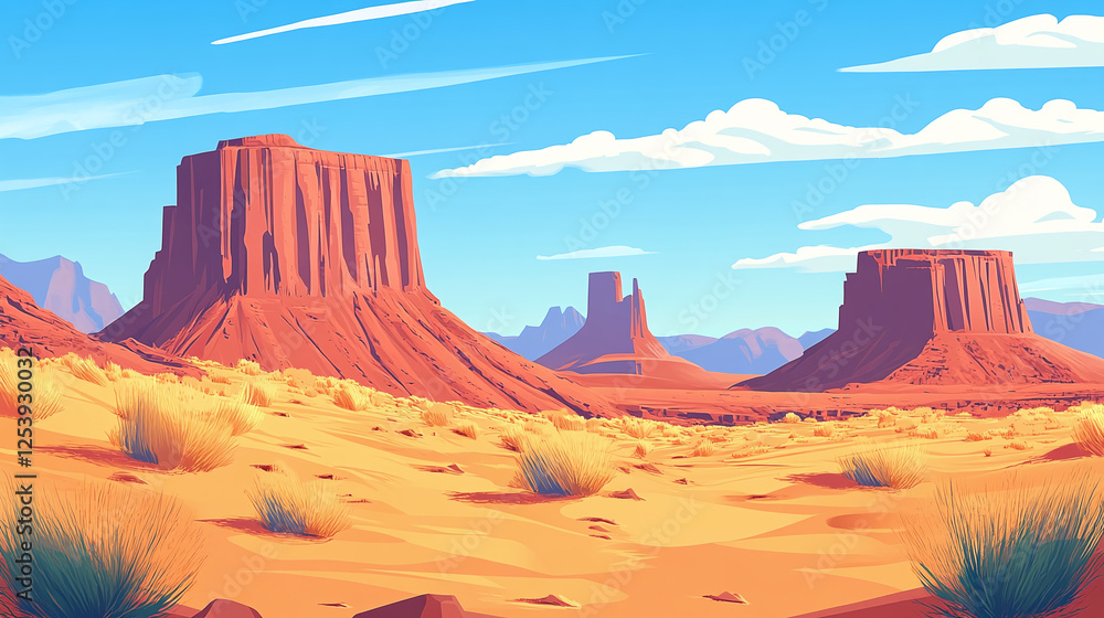 Naklejka premium Vibrant landscape of red rock formations under a bright blue sky with white clouds, typical of the American Southwest with desert vegetation.