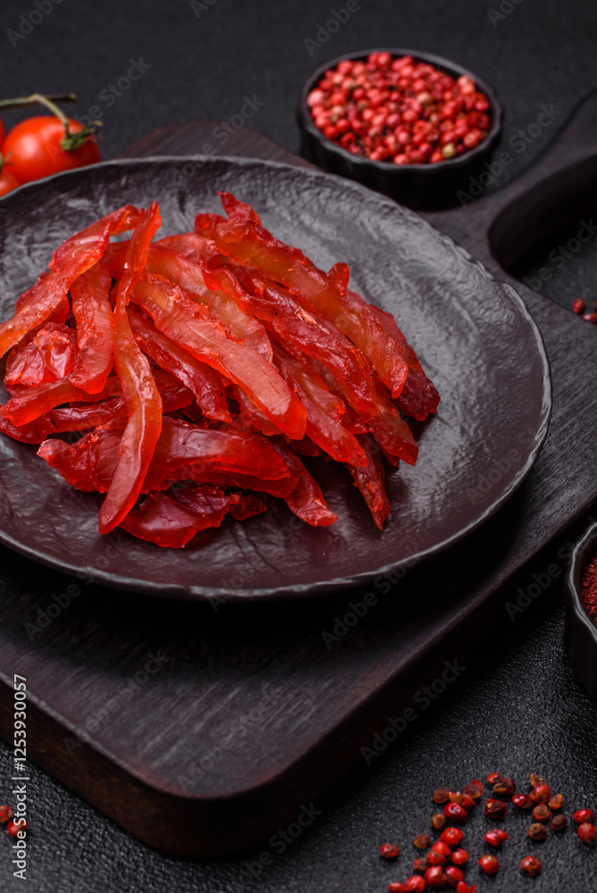 Dried chicken slices, jerky, with cherry or plum flavor, salt and spices Dried chicken slices, jerky, with cherry or plum flavor, salt and spices