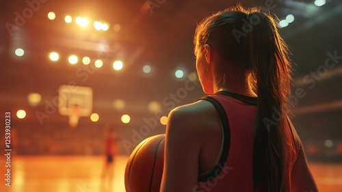 Female basketball player holding ball watching teammates training on court
