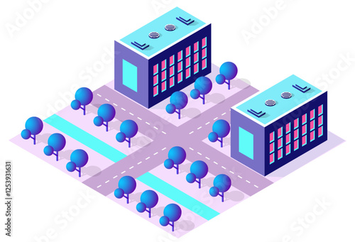 Modern city buildings surrounded by trees in isometric view