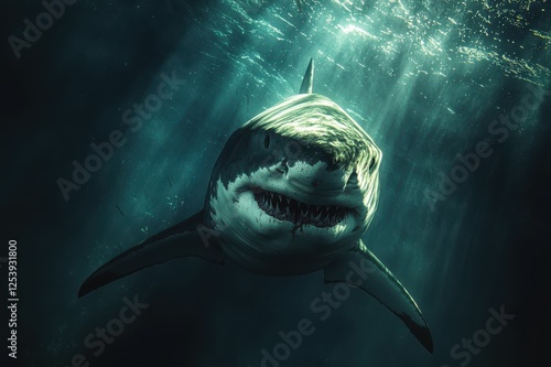 Great white shark encounter in the ocean underwater photography dark waters dramatic perspective photo