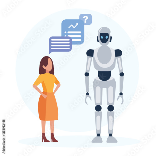Woman is asking robot. AI and human synergy helper, support, answer. Robot for people assistance concept. Artificial intelligence and machine learning. Vector illustration