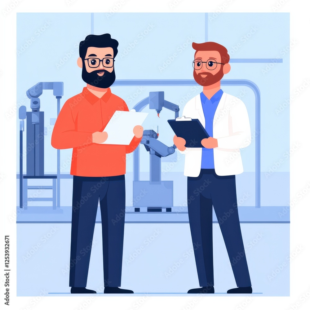 Two Engineers Inspecting Machinery in a Factory Two Engineers Inspecting Machinery in a Factory