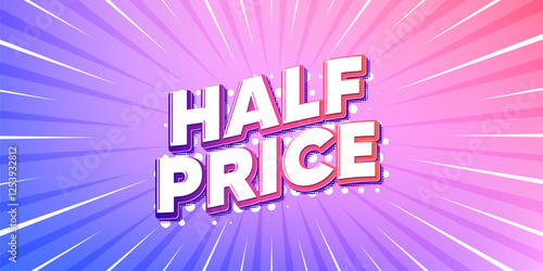 Half price sun rays gradient banner. Light burst background. Half Price tag. Special offer Sale sign. Advertising Discounts symbol. Gradient sun rays. Sunburst light. Vector