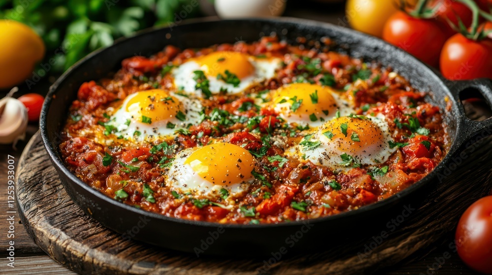 Shakshuka breakfast dish, eggs in tomato sauce, kitchen setting, rustic wood background, food photography Shakshuka breakfast dish, eggs in tomato sauce, kitchen setting, rustic wood background, food photography