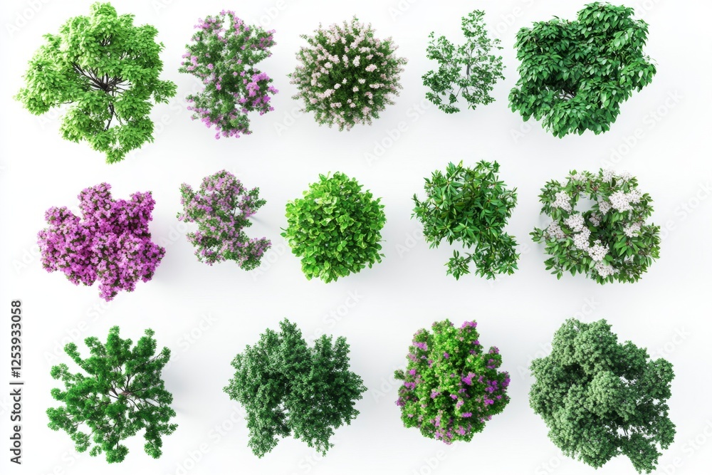 Overhead view of various trees, shrubs, and flowers, isolated on white background. Design element for landscaping Overhead view of various trees, shrubs, and flowers, isolated on white background. Design element for landscaping