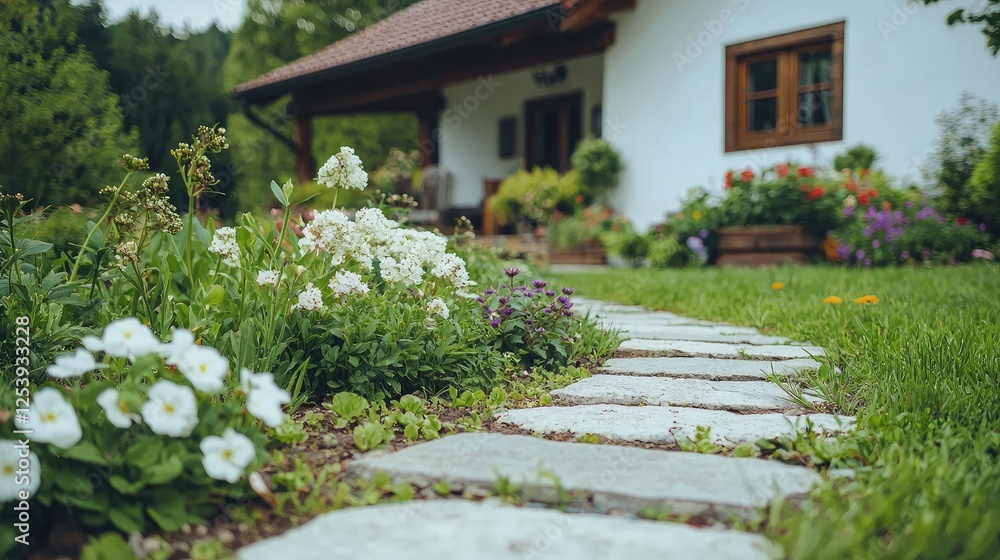 Stone path to idyllic home garden Stone path to idyllic home garden