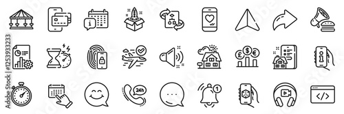 Reminder, Love chat and Confirmed flight line icons pack. Share, Message, Paper plane icons. Startup, Burger, Smile face web icon. Currency rate, Phone pay, Lock pictogram. Vector