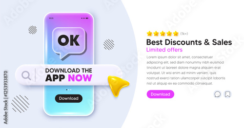 OK mobile phone banner. App chat speech bubble. OK text tag. Approved okay message. Done or Good deal symbol. Phone template with search bar. Download the app now. Vector