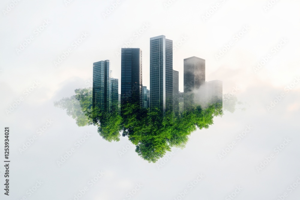Obraz premium Floating Cityscape Surrounded by Greenery in Mist