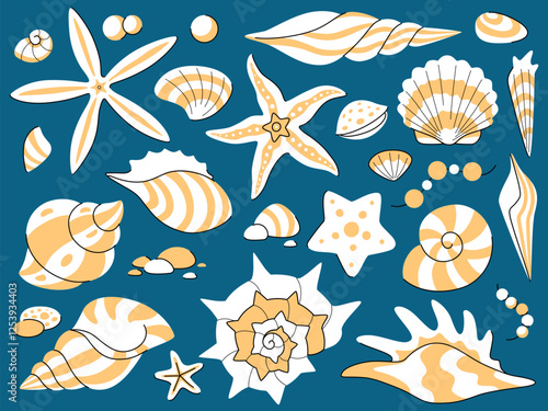 Cartoon set of sea shells. White and gold mollusks on blue background.