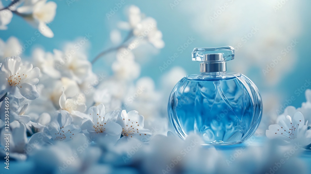 Front View Perfume Bottle with Flowers on Light Blue Background Front View Perfume Bottle with Flowers on Light Blue Background