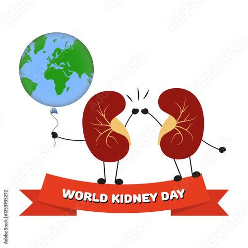 World kidney day awareness. Kidney's cartoon hi five and holding world ail ballon cartoon