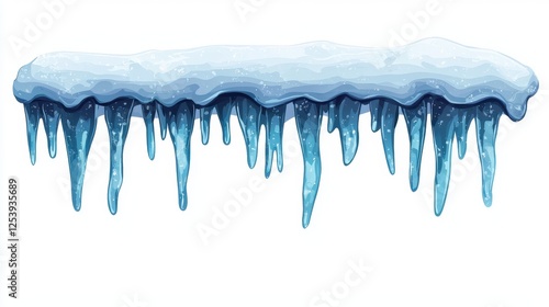 A vivid depiction of icicles hanging from a snowy edge, showcasing a beautiful winter scene with shimmering blue and white tones.