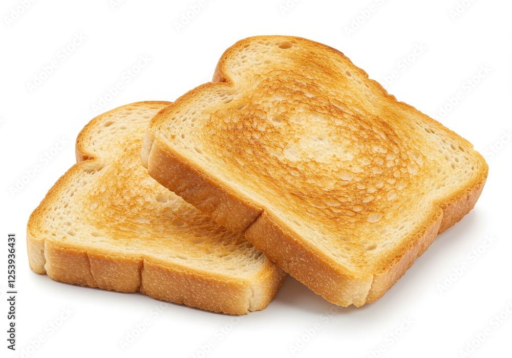 Slices of golden brown toasted bread with crispy edges slightly overlapping isolated on white background Slices of golden brown toasted bread with crispy edges slightly overlapping isolated on white background