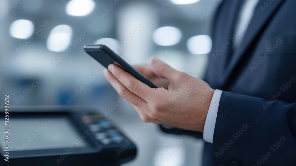 Man in Suit Using Cellphone Near Printer Man in Suit Using Cellphone Near Printer