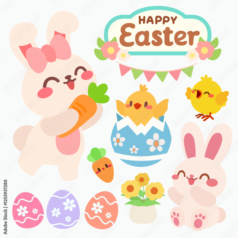 Happy Easter Illustration with Playful Animals and Eggs. Adorable Easter Bunnies and Chicks in a Festive Scene. Happy Easter Illustration with Playful Animals and Eggs. Adorable Easter Bunnies and Chicks in a Festive Scene.