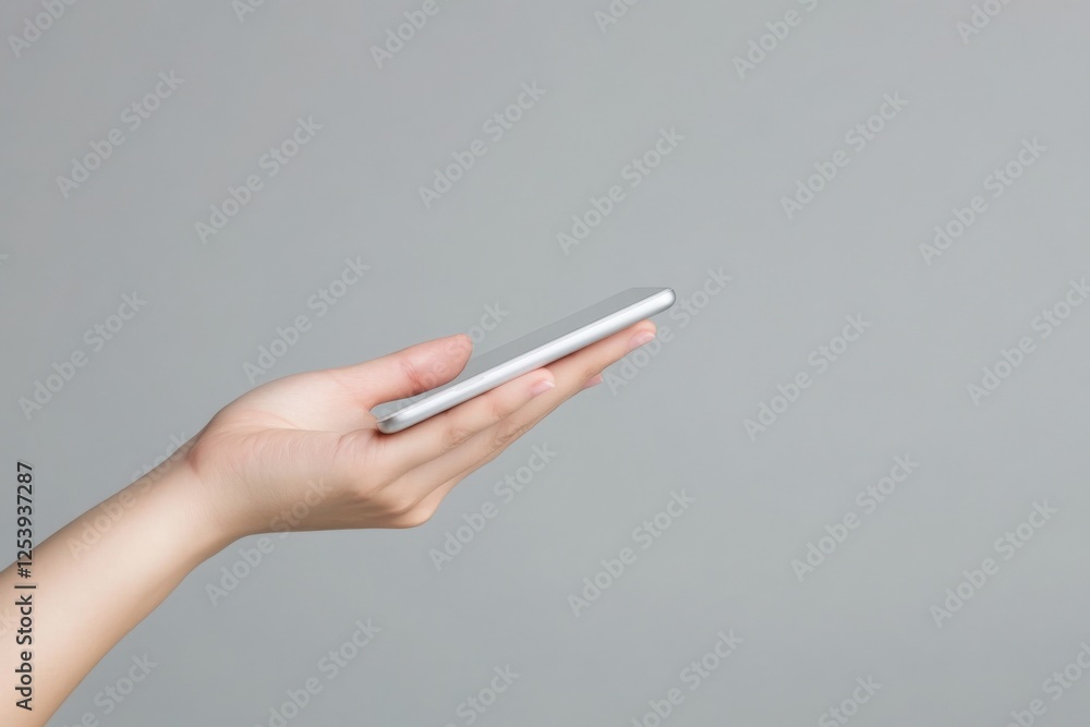 hand holding smartphone against gray background hand holding smartphone against gray background