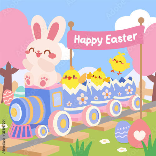 Cute Easter Bunny and Chicks Riding a Festive Train. Adorable Easter Train with Bunny and Hatching Chicks.