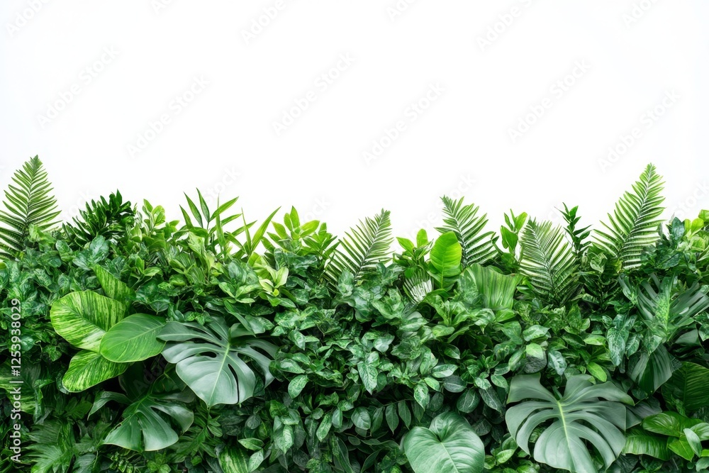 Fototapeta premium Lush green foliage wall, isolated on white background
