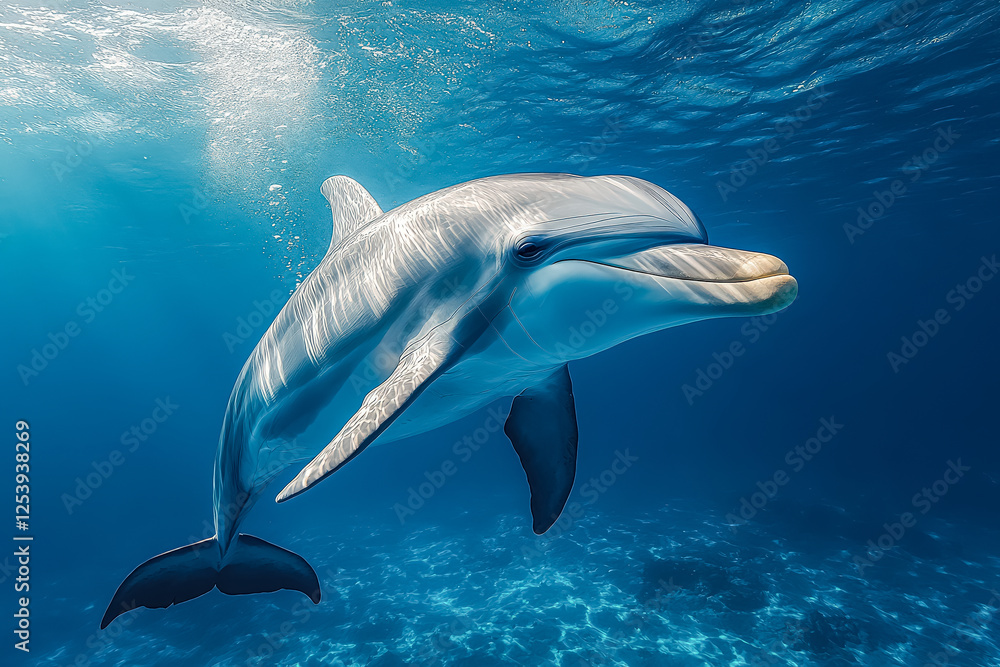 Obraz premium Dolphin is swimming in the ocean with its mouth open. The dolphin is smiling and he is happy