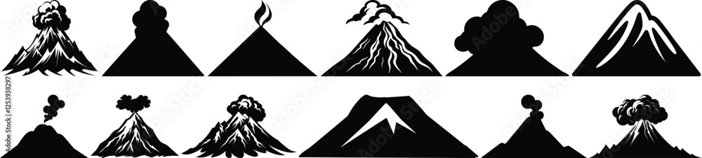Volcano silhouettes set, mountain pack of vector silhouette design, isolated background Volcano silhouettes set, mountain pack of vector silhouette design, isolated background
