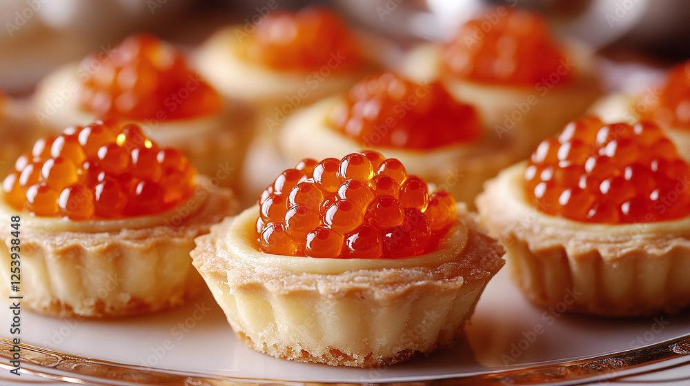 Caviar tartlets: a delightful appetizer with smooth and glistening orange roe nestled in flaky crusts, perfect for elegant gatherings and festive celebrations. Caviar tartlets: a delightful appetizer with smooth and glistening orange roe nestled in flaky crusts, perfect for elegant gatherings and festive celebrations.