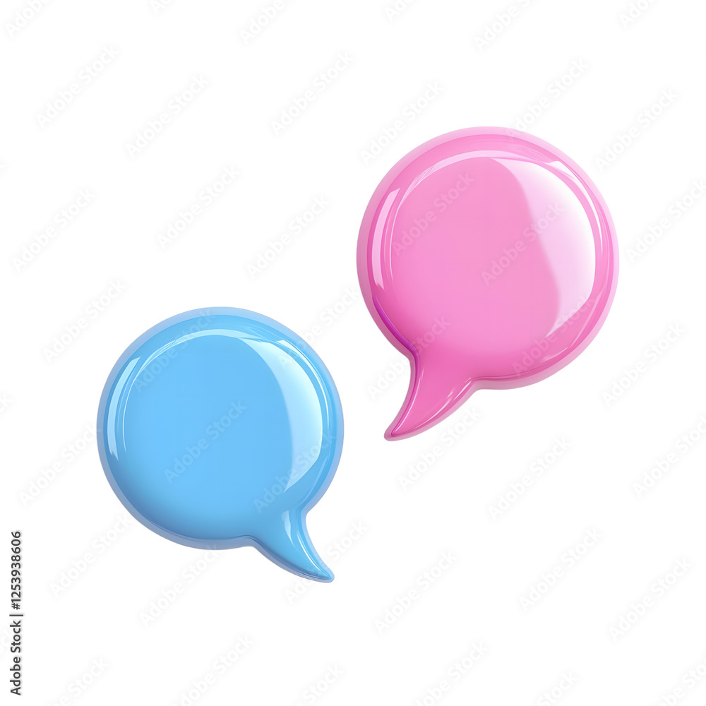 Two 3D Speech Bubbles in Pink and Blue Against Transparent Background Two 3D Speech Bubbles in Pink and Blue Against Transparent Background