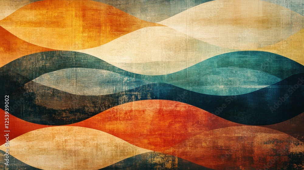 Abstract composition of textured waves in warm and cool tones Abstract composition of textured waves in warm and cool tones