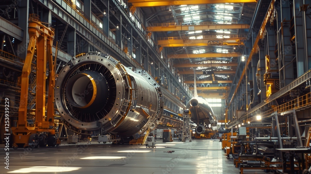 Obraz premium Aerospace Manufacturing Plant: Precision Assembly of Large Fuselage Components