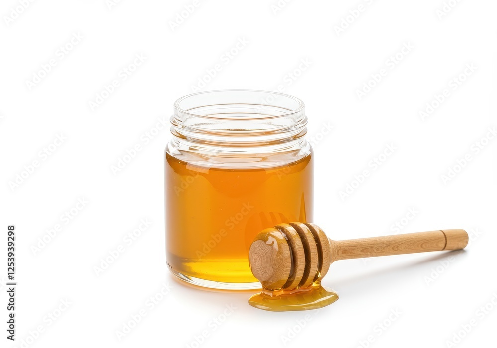 A small glass jar filled with golden honey accompanied by a wooden honey dripper with dripping honey isolated on white background A small glass jar filled with golden honey accompanied by a wooden honey dripper with dripping honey isolated on white background
