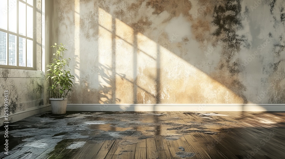 Rustic Room Interior Design with Damaged Wall and Wet Floor Sunlight Plant Pot 3d old art wood dark home loft worn brown beige house space style decor Rustic Room Interior Design with Damaged Wall and Wet Floor Sunlight Plant Pot 3d old art wood dark home loft worn brown beige house space style decor