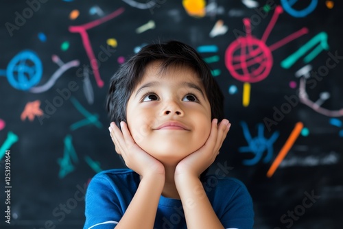 a child with a thoughtful expression, surrounded by graphic tangled lines and floating ideas, illustrating the complex and busy mind of a child with ADHD photo