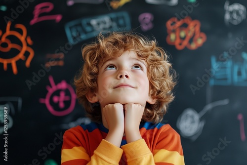 a child with a thoughtful expression, surrounded by graphic tangled lines and floating ideas, illustrating the complex and busy mind of a child with ADHD photo