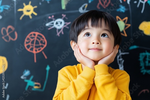 a child with a thoughtful expression, surrounded by graphic tangled lines and floating ideas, illustrating the complex and busy mind of a child with ADHD photo