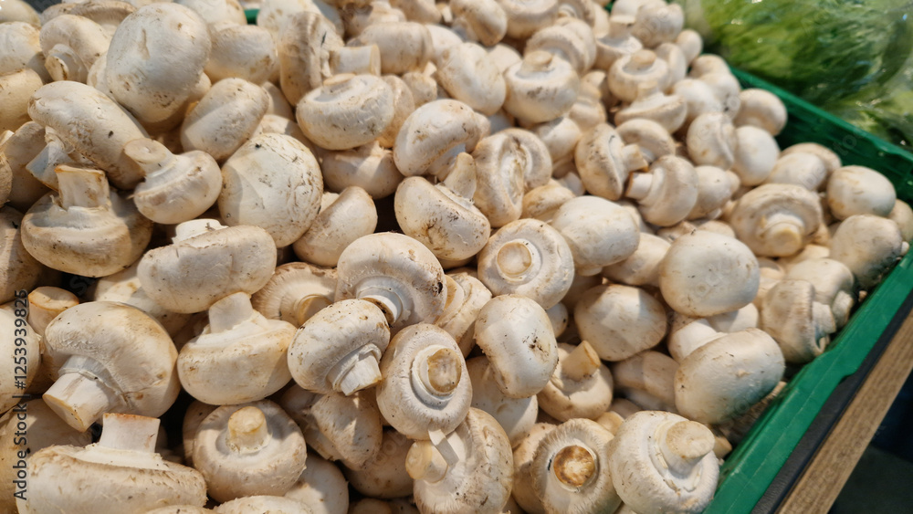 Sale of champignons in a supermarket. Champignons in plastic boxes, close-up. Mushrooms in a store. A pile of champignons for sale at the market with selective focus Sale of champignons in a supermarket. Champignons in plastic boxes, close-up. Mushrooms in a store. A pile of champignons for sale at the market with selective focus