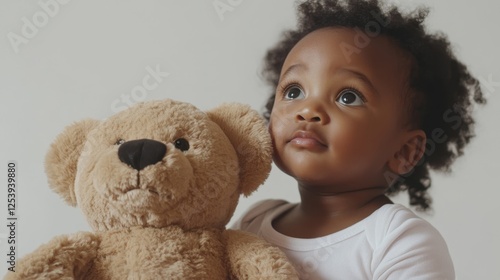 A six-month-old baby looks up adoringly at his three-year-old sister, holding a soft bear photo