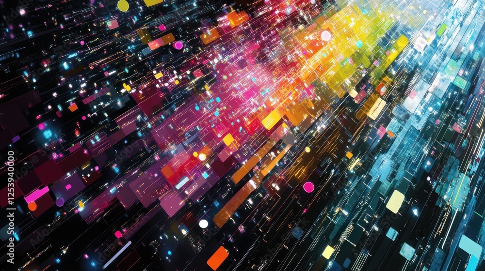 Obraz premium Abstract Digital Rainbow Data Stream: A vibrant visualization of digital information flow, showcasing a dynamic and colorful network of interconnected data packets.