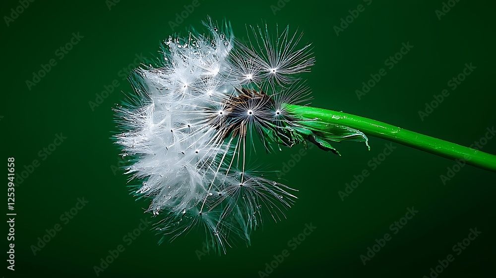 Fototapeta premium Close-up of a dandelion seed head against a dark green background, showcasing delicate seeds dispersing