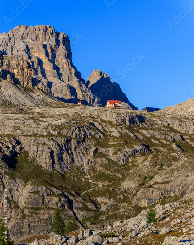 Tre Cime di Lavaredo with view on Antonio Locatelli Hut
in the sextner dolomites photo